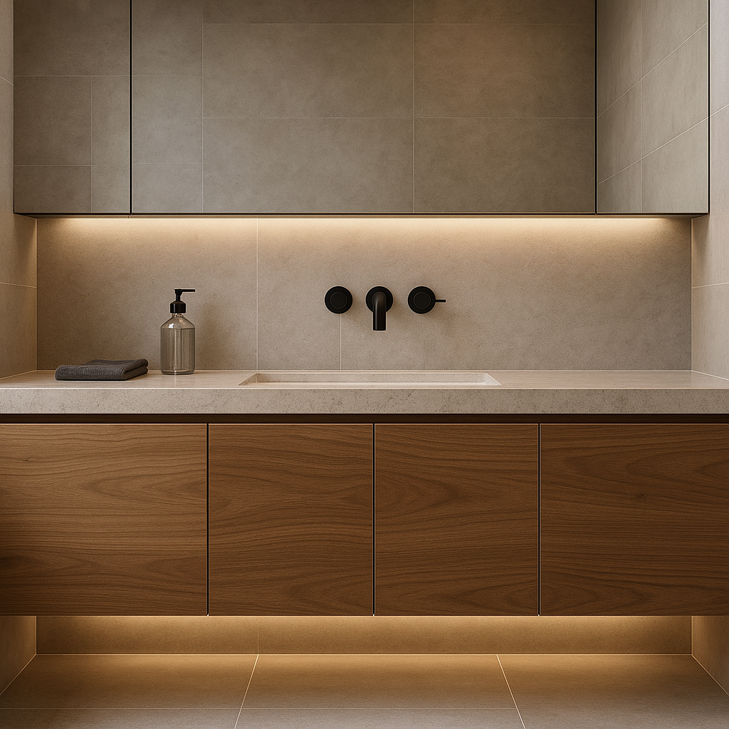LED-Lit Open Shelving for Florida Interiors by Gulf Cabinets Open shelving with integrated LED lighting installed by Gulf Cabinets in a Florida commercial bathroom