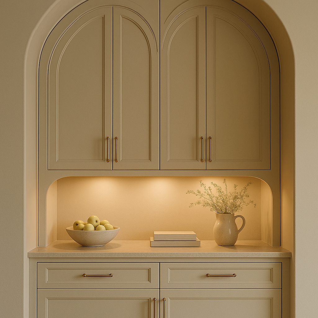 Built-In Wardrobe Lighting by Gulf Cabinets Florida Built-in wardrobe lighting integrated into arched cabinetry installed by Gulf Cabinets in Florida