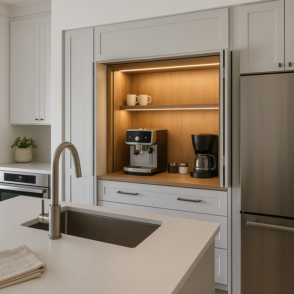 Integrated Appliance Cabinetry That Performs by Gulf Cabinets Integrated appliance cabinetry with hidden coffee bar installed by Gulf Cabinets in a Florida commercial setting