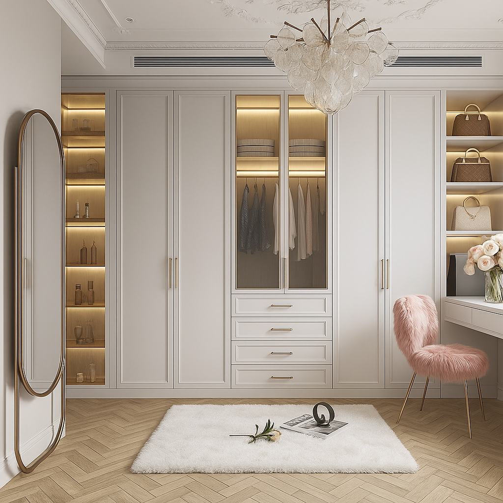 Custom Closets Built to Match Her Lifestyle Custom closets featuring modern built-in cabinetry with elegant lighting and feminine design details