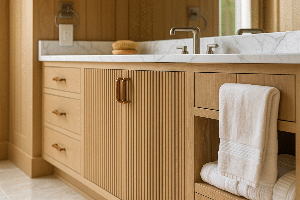 Slatted and fluted wood door panels in a modern vanity cabinet built by Gulf Cabinets